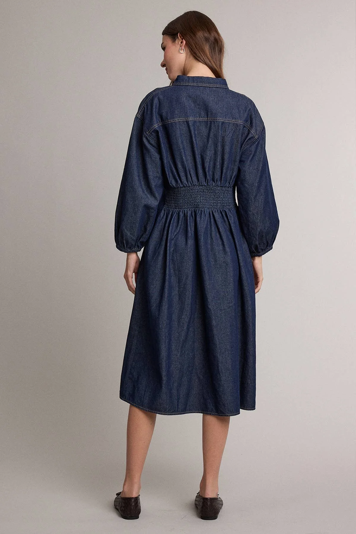 Pinch Waist Shirt Dress Dark Denim