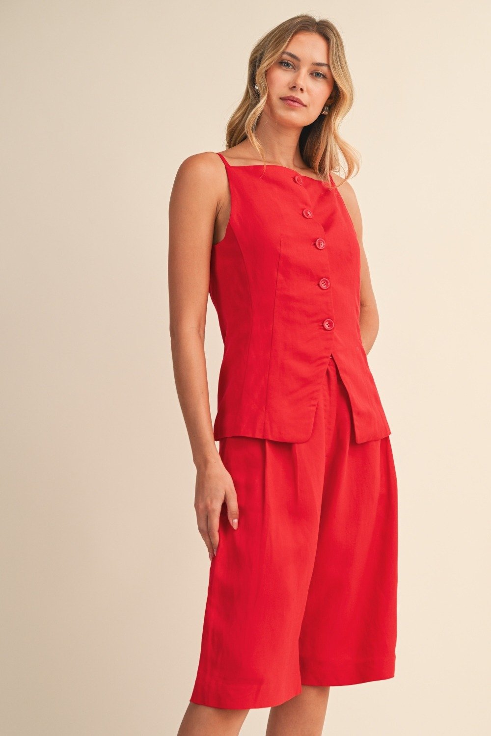 Linen Button Vest & Culotte Shorts Set Red