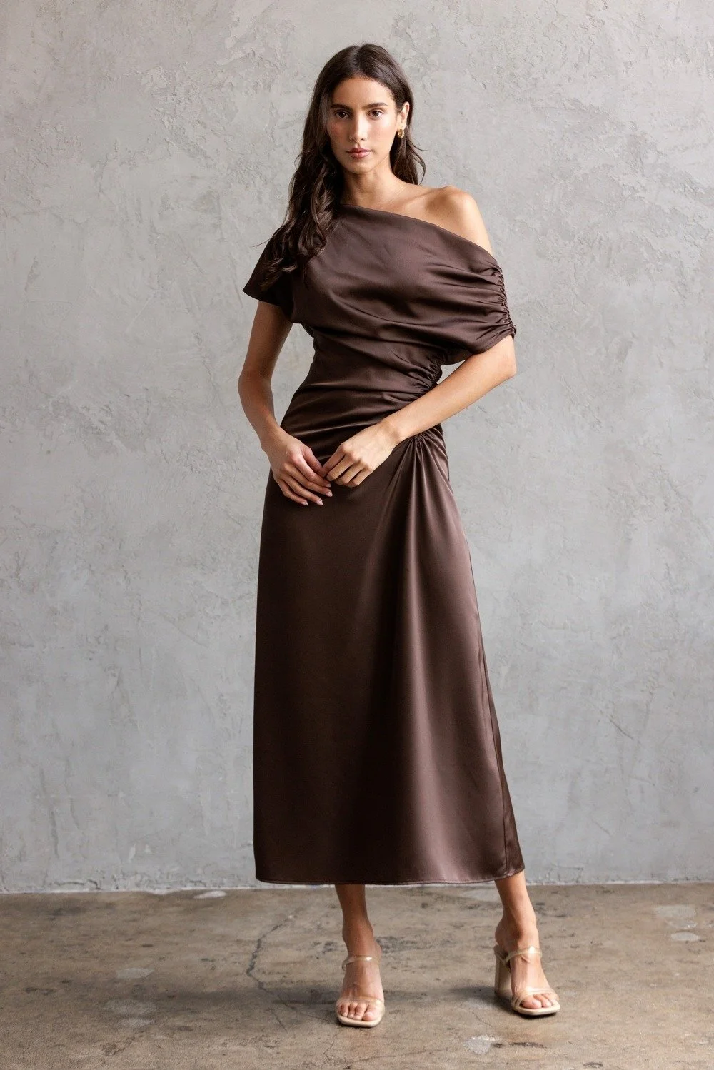 One Shoulder Ruched Satin Midi Dress Chocolate