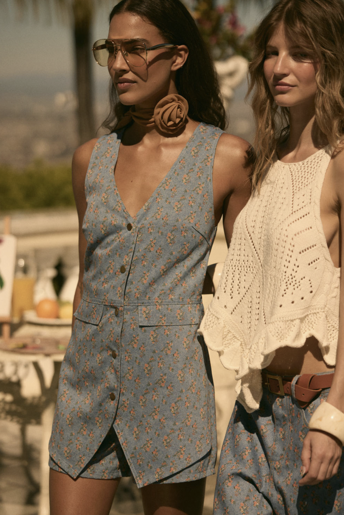 Sleeveless Vest Romper Denim Floral Print
