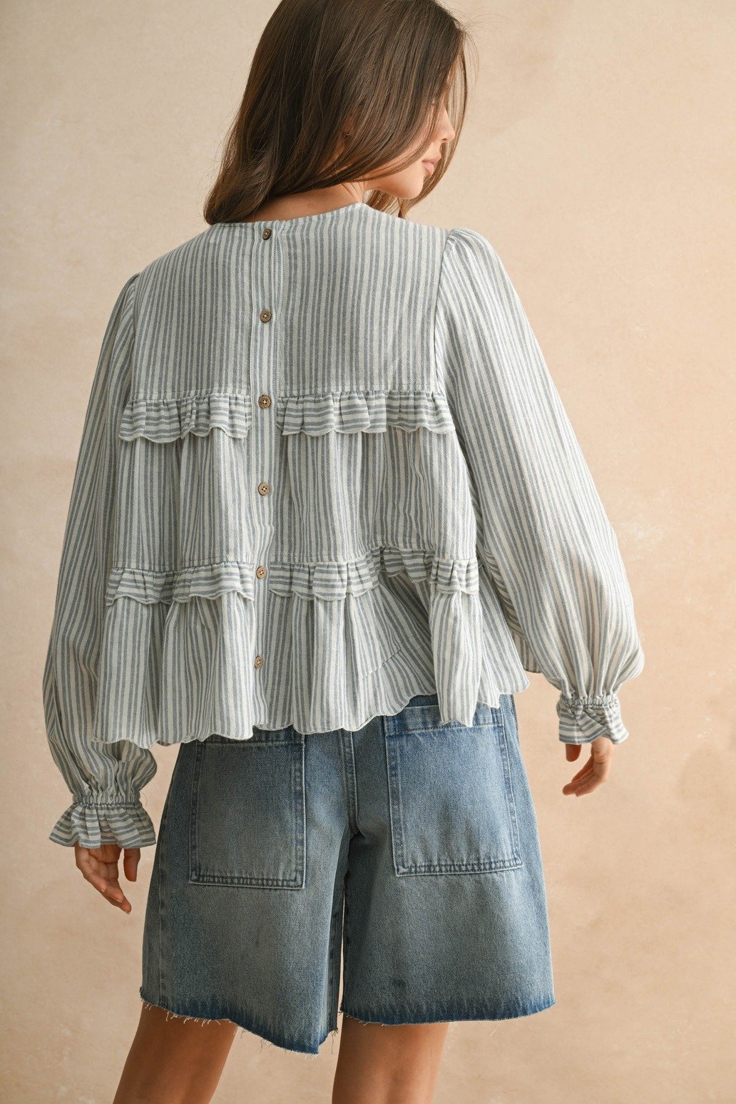 Button Back Ruffle Blouse Blue Stripe