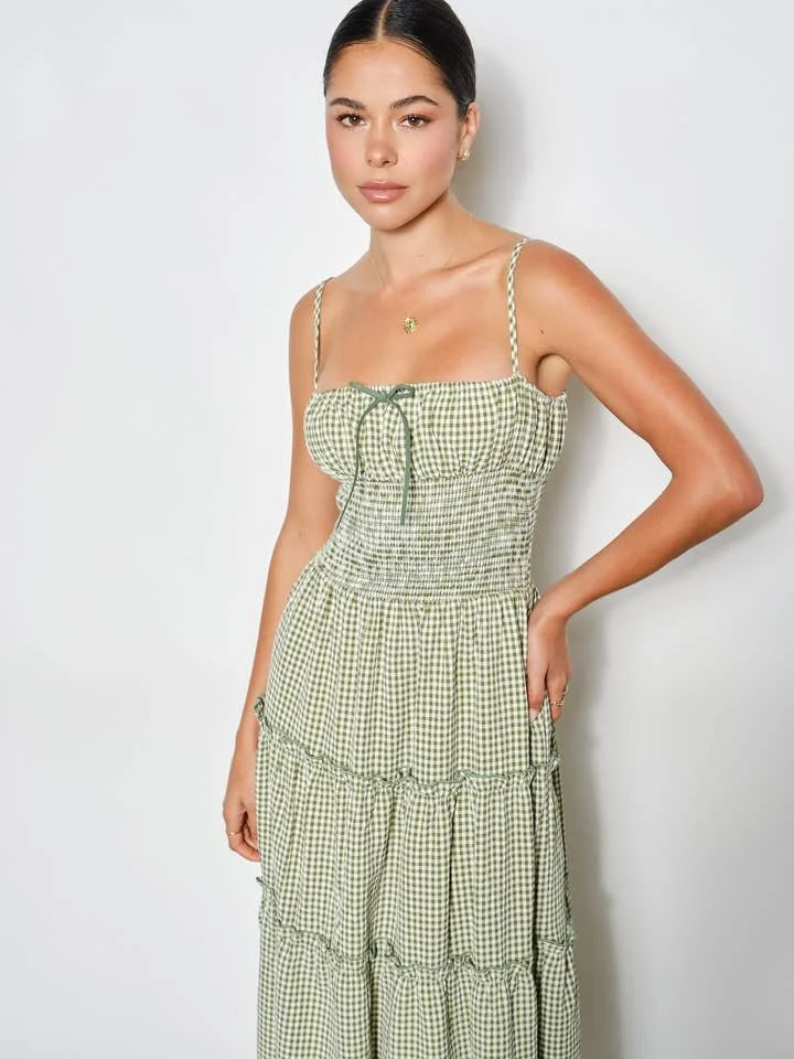 Carol Smocked Tiered Maxi Dress Olive Gingham