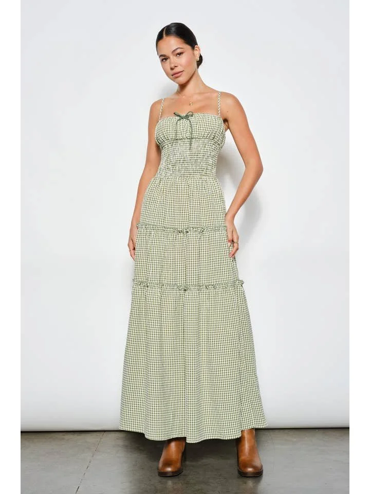 Carol Smocked Tiered Maxi Dress Olive Gingham