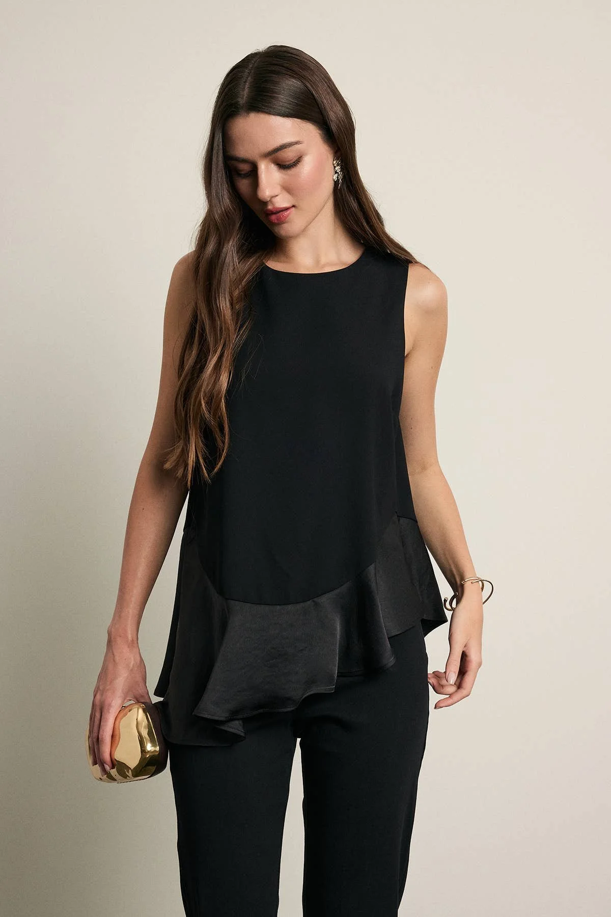 Satin Ruffle Hem Sleeveless Blouse Black