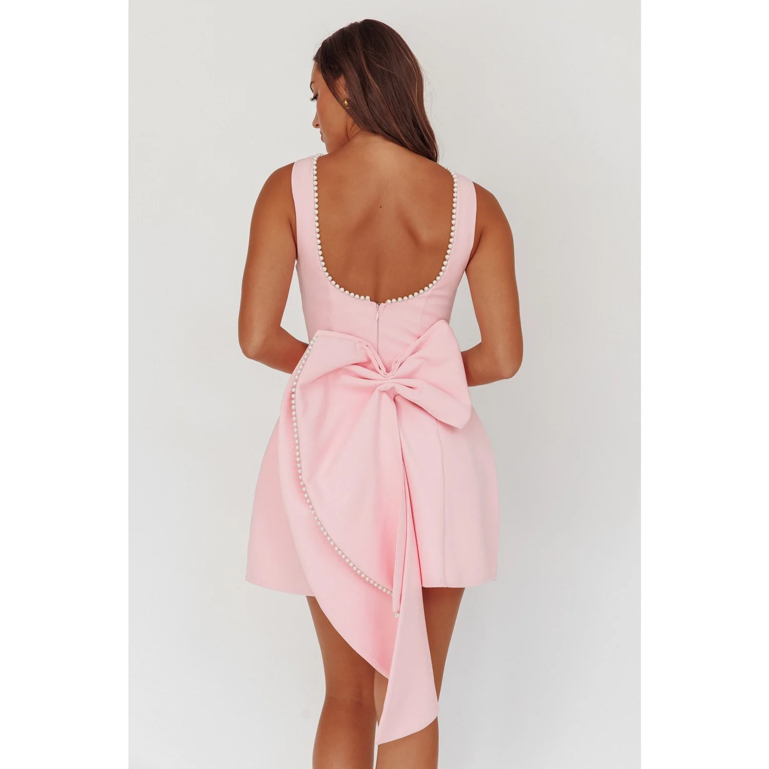 Boatneck Pearl Bow Mini Dress Pink