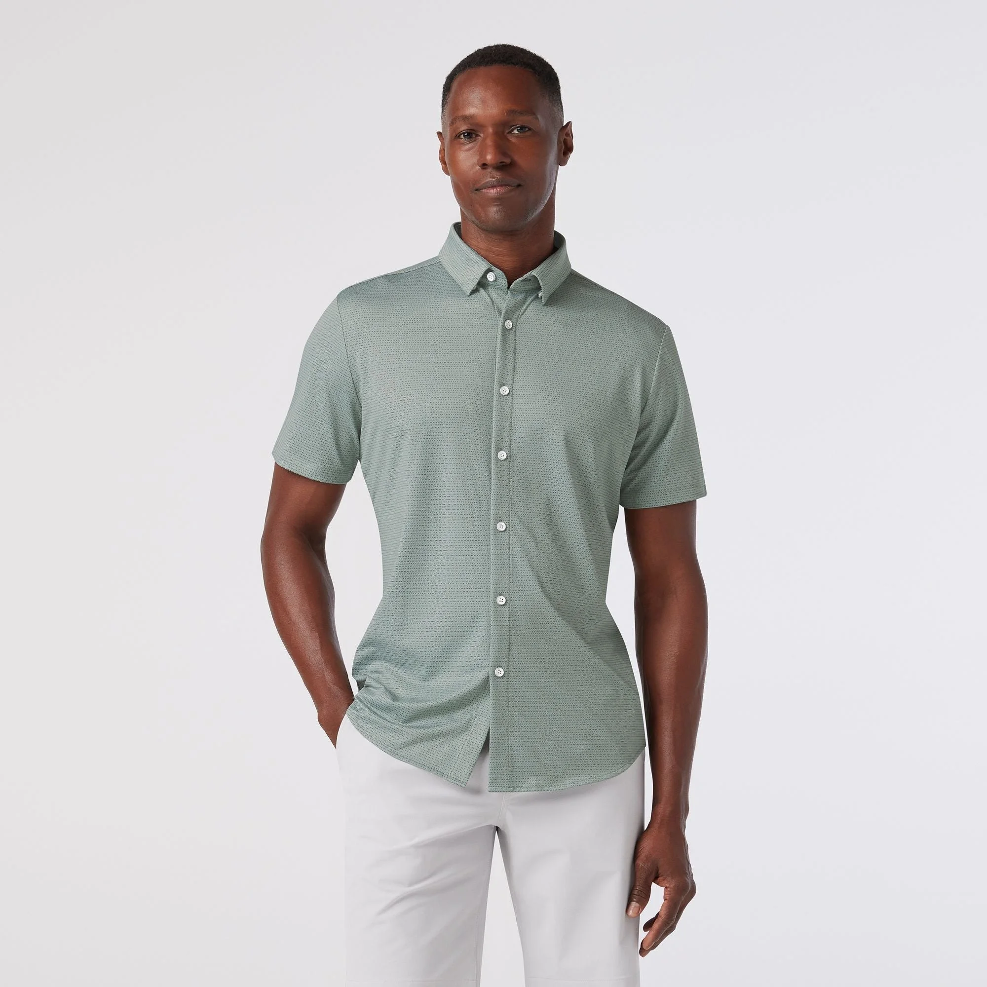 M+M Halyard SS Dress Shirt Pale Green Dot Stripe