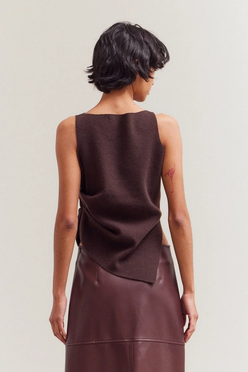 Unbalanced Sleeveless Knit Top Dark Chocolate