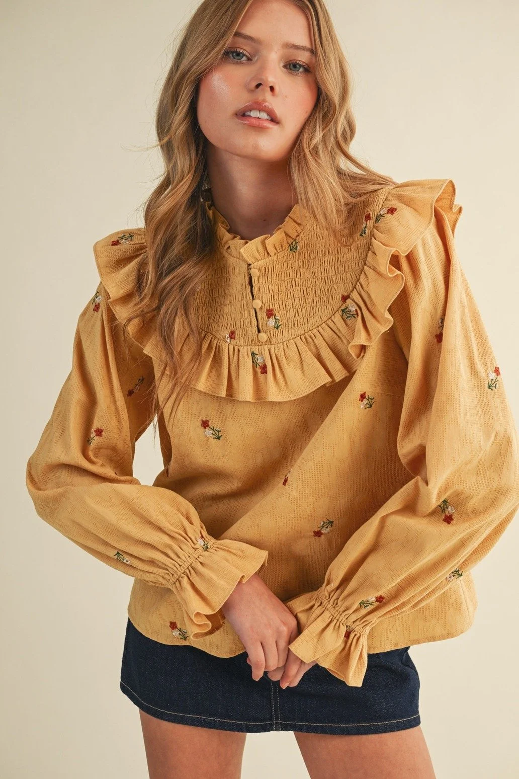 Ruffled Smocked Yoke Embroidered Blouse Mustard