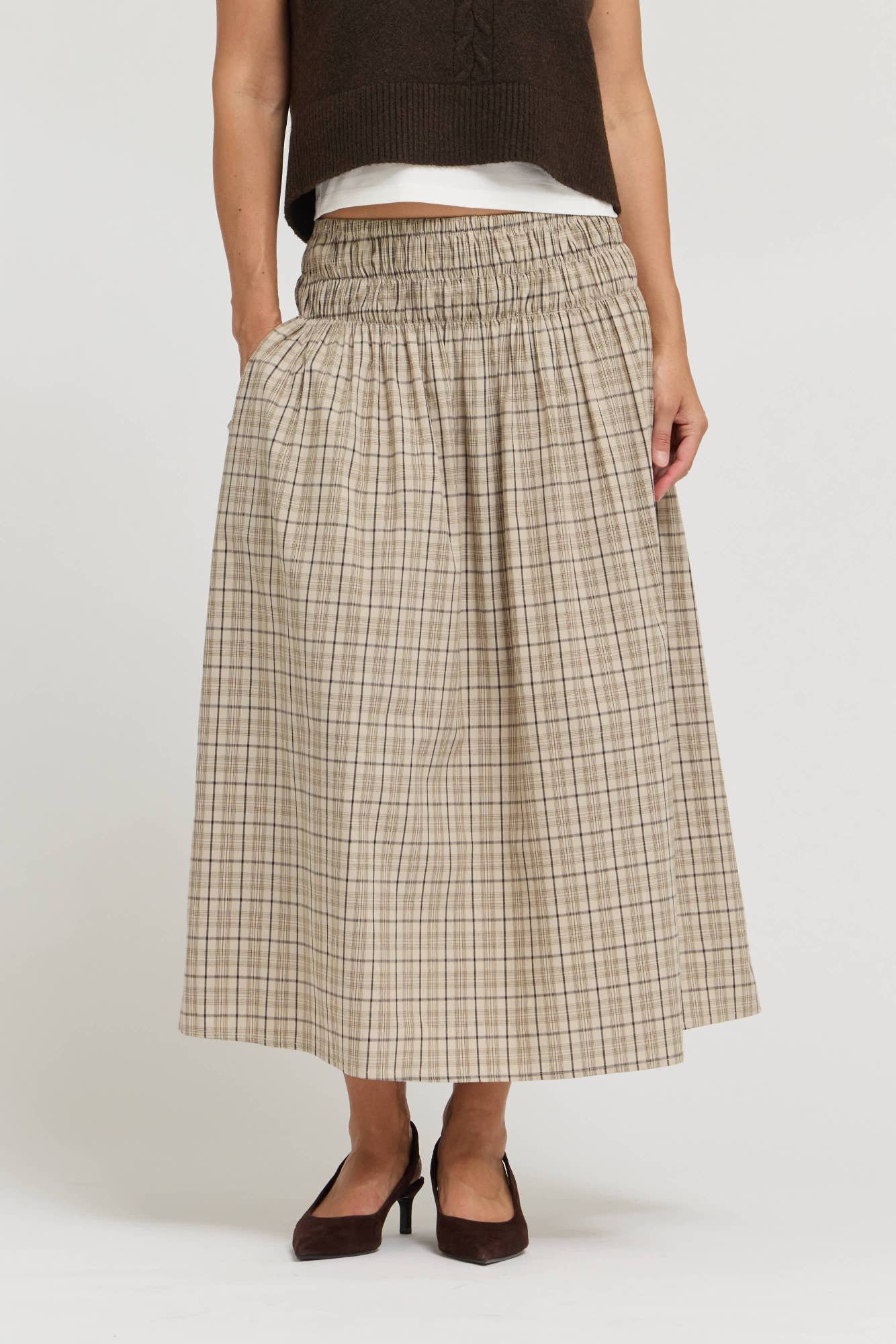 Plaid Smocked Waist Midi Skirt Cream