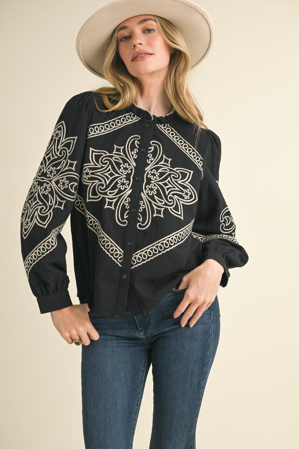 Western Embroidered Puff Sleeve Button Blouse Black