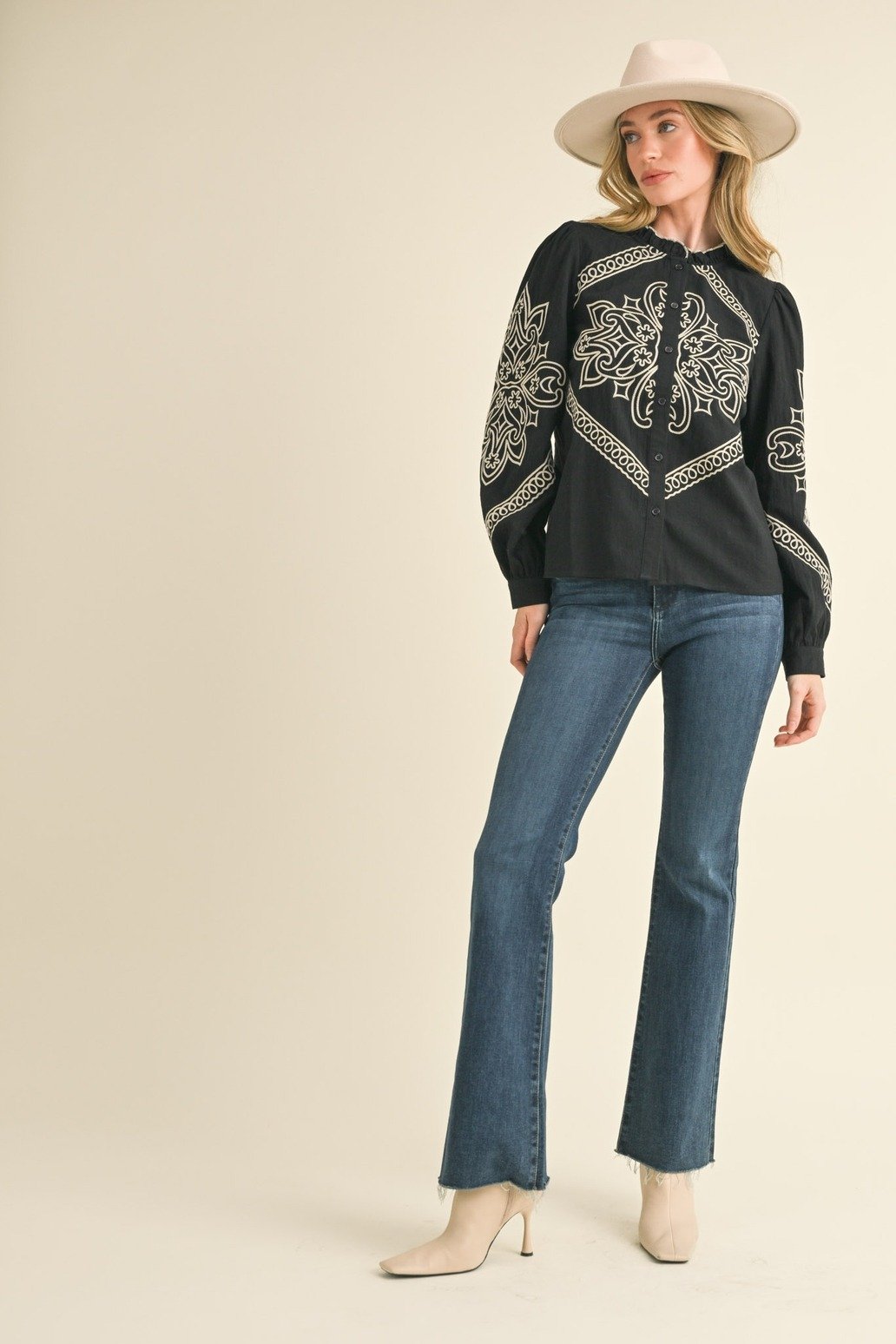 Western Embroidered Puff Sleeve Button Blouse Black