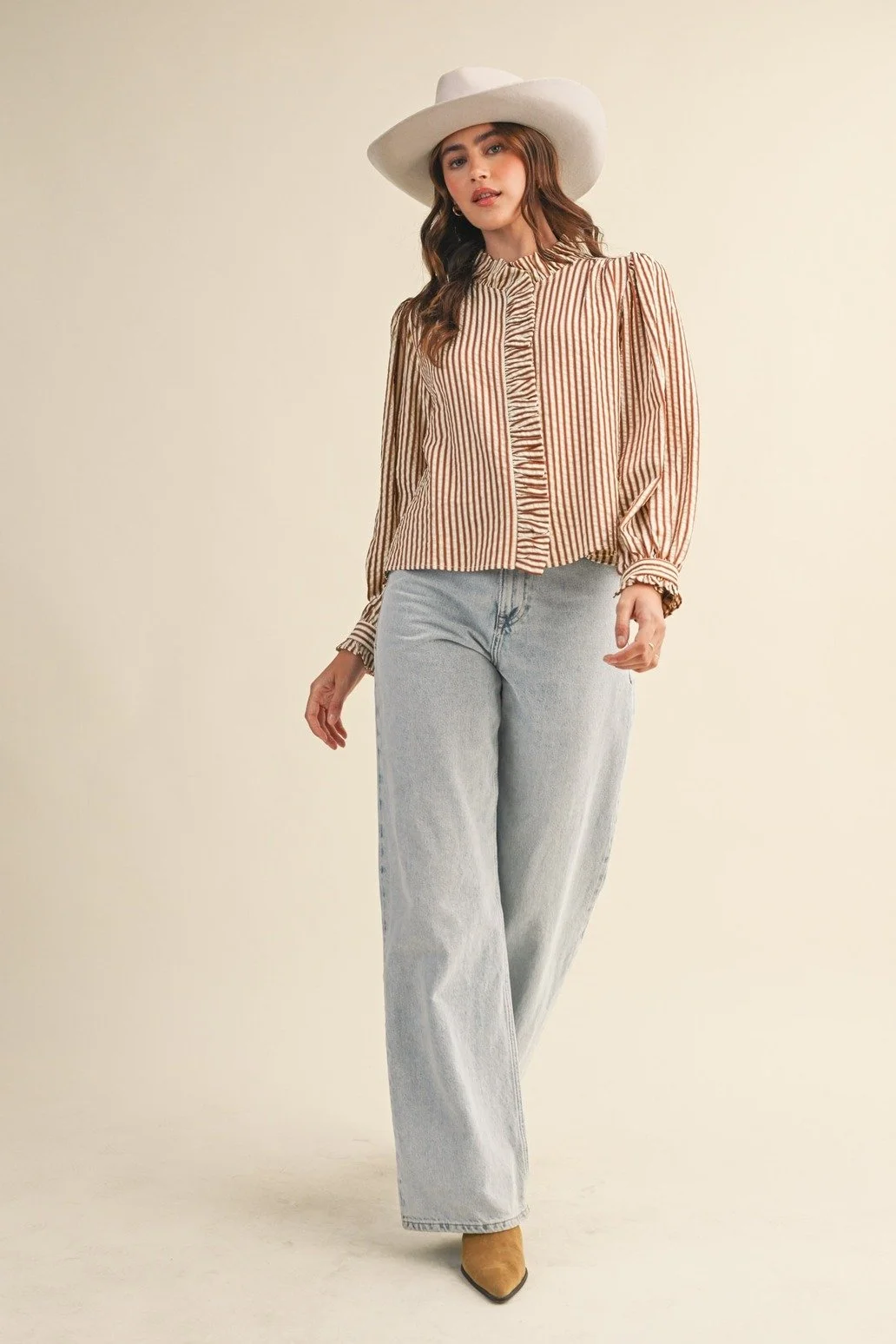Ruffle Collar Button Front Blouse Pecan Ticking Stripe