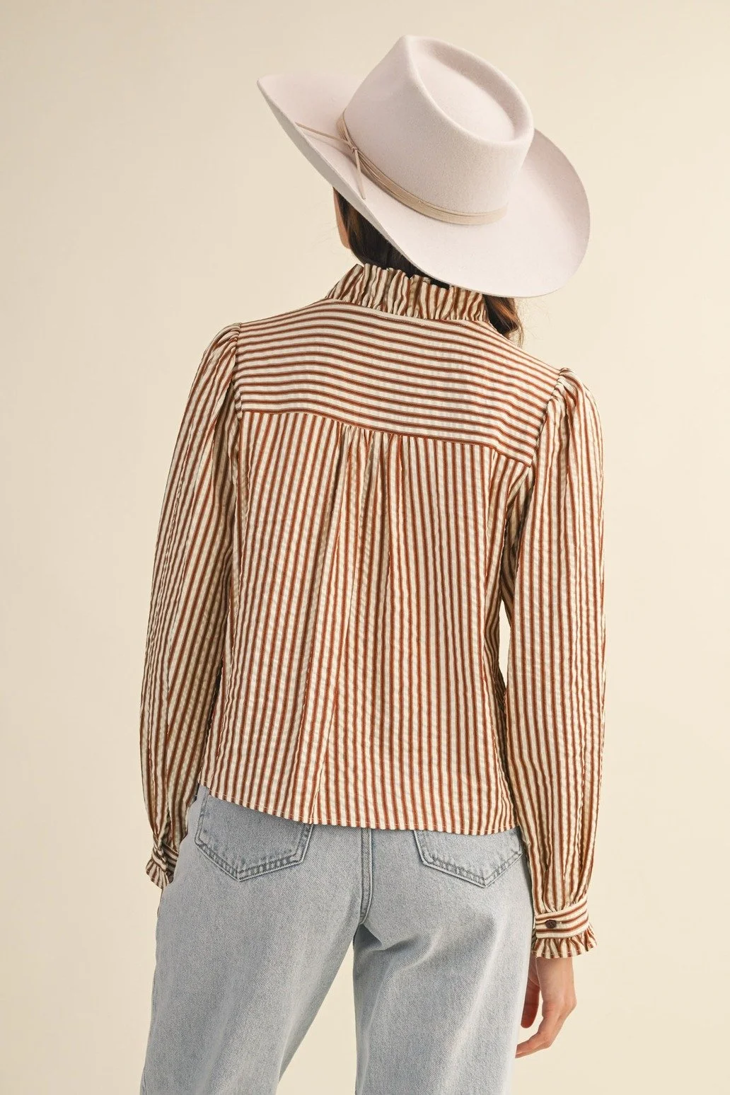 Ruffle Collar Button Front Blouse Pecan Ticking Stripe