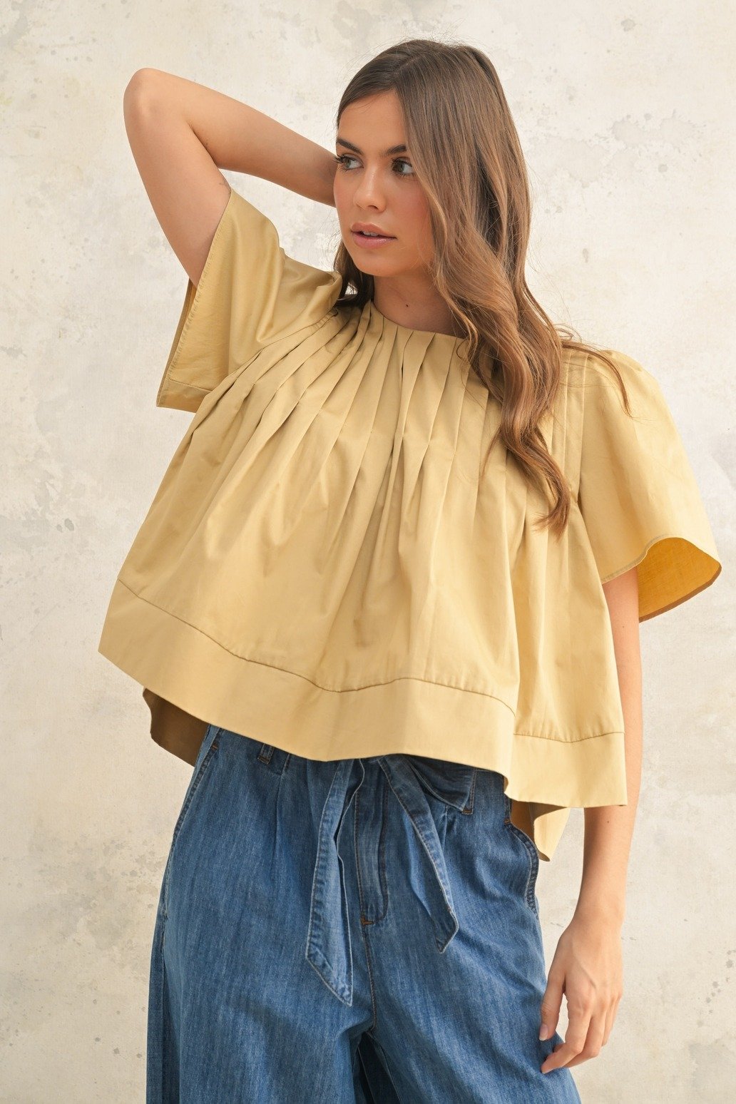 Pleated Front Short Sleeve Blouse Tan