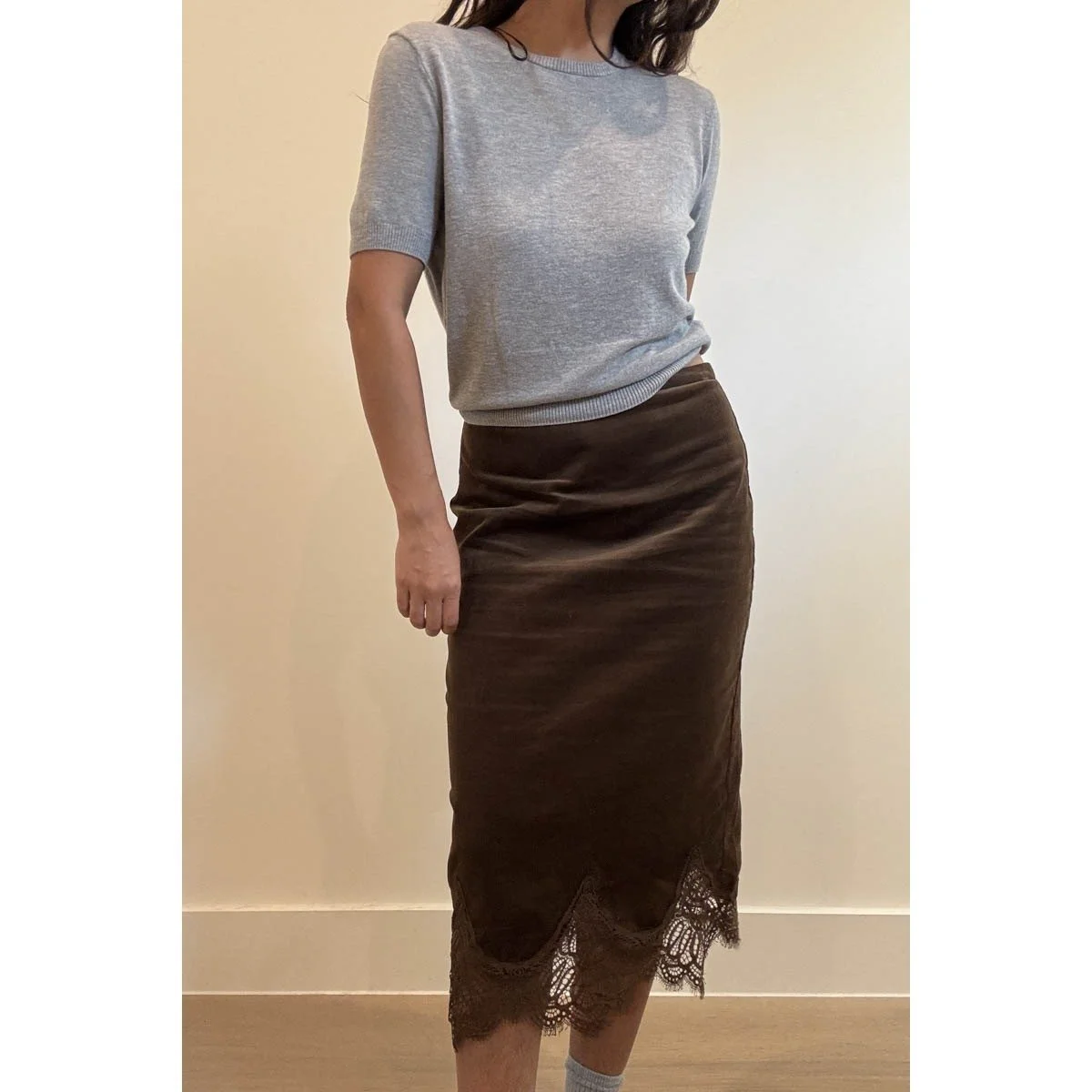 Lace Trimmed Corduroy Midi Skirt Chocolate