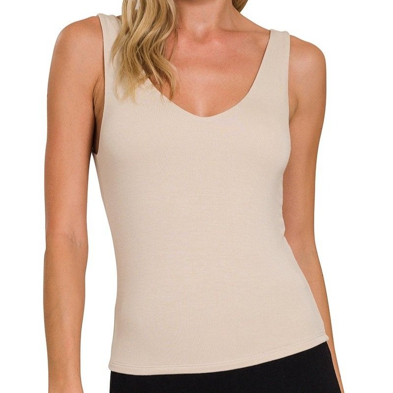 Rayon V-neck Basic Tank Beige