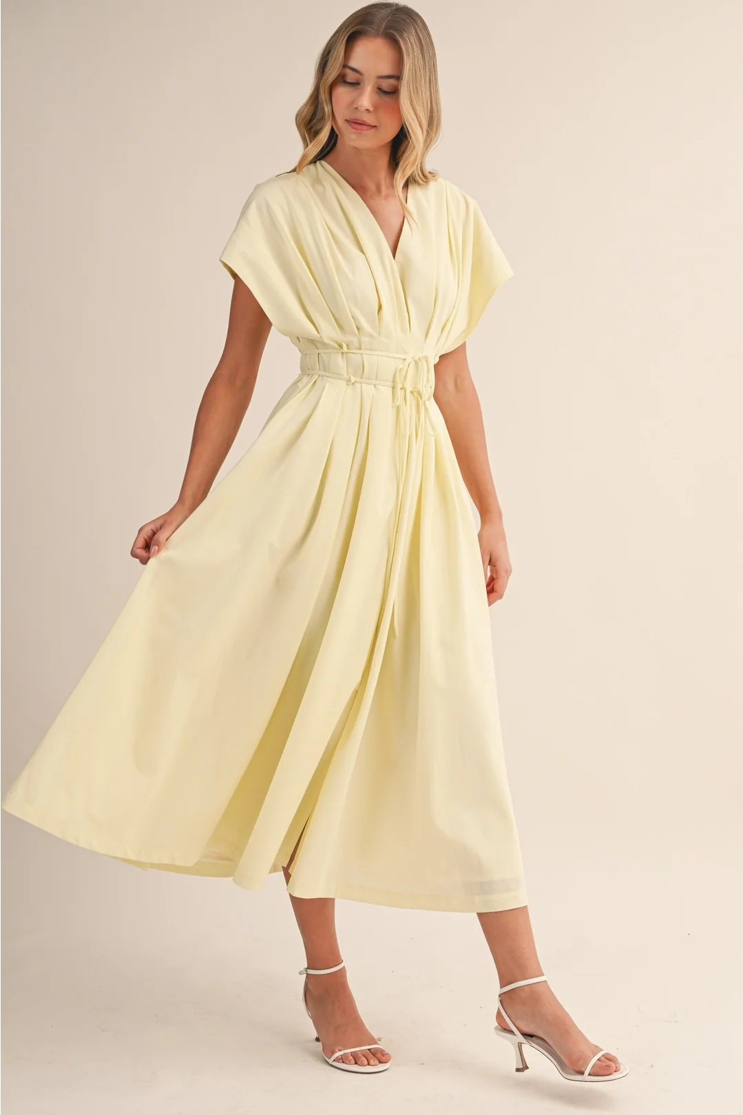 V-neck Pleated Button Down Midi Dress Butter