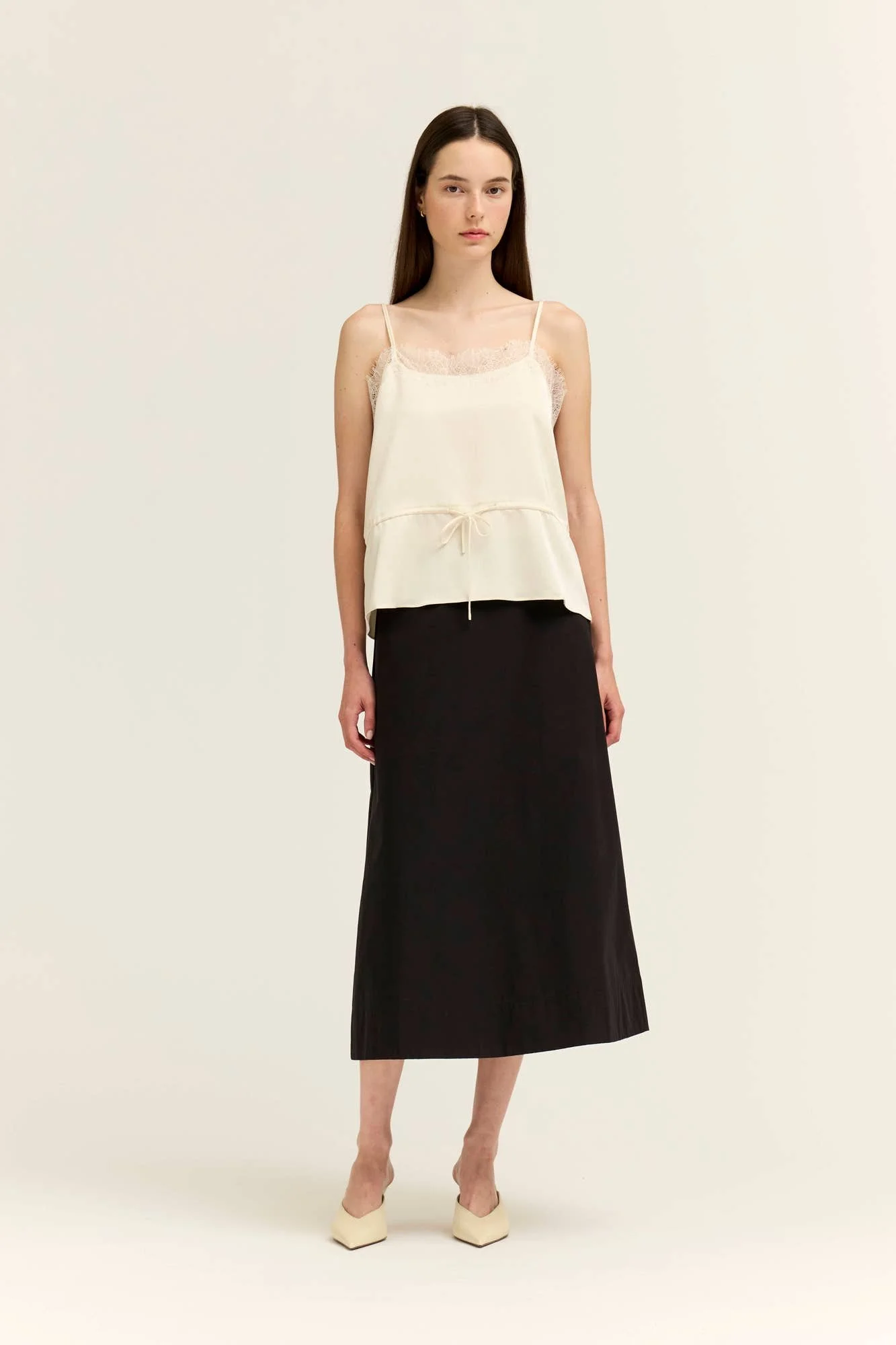 Crinkle Satin & Lace Slip Top Cream