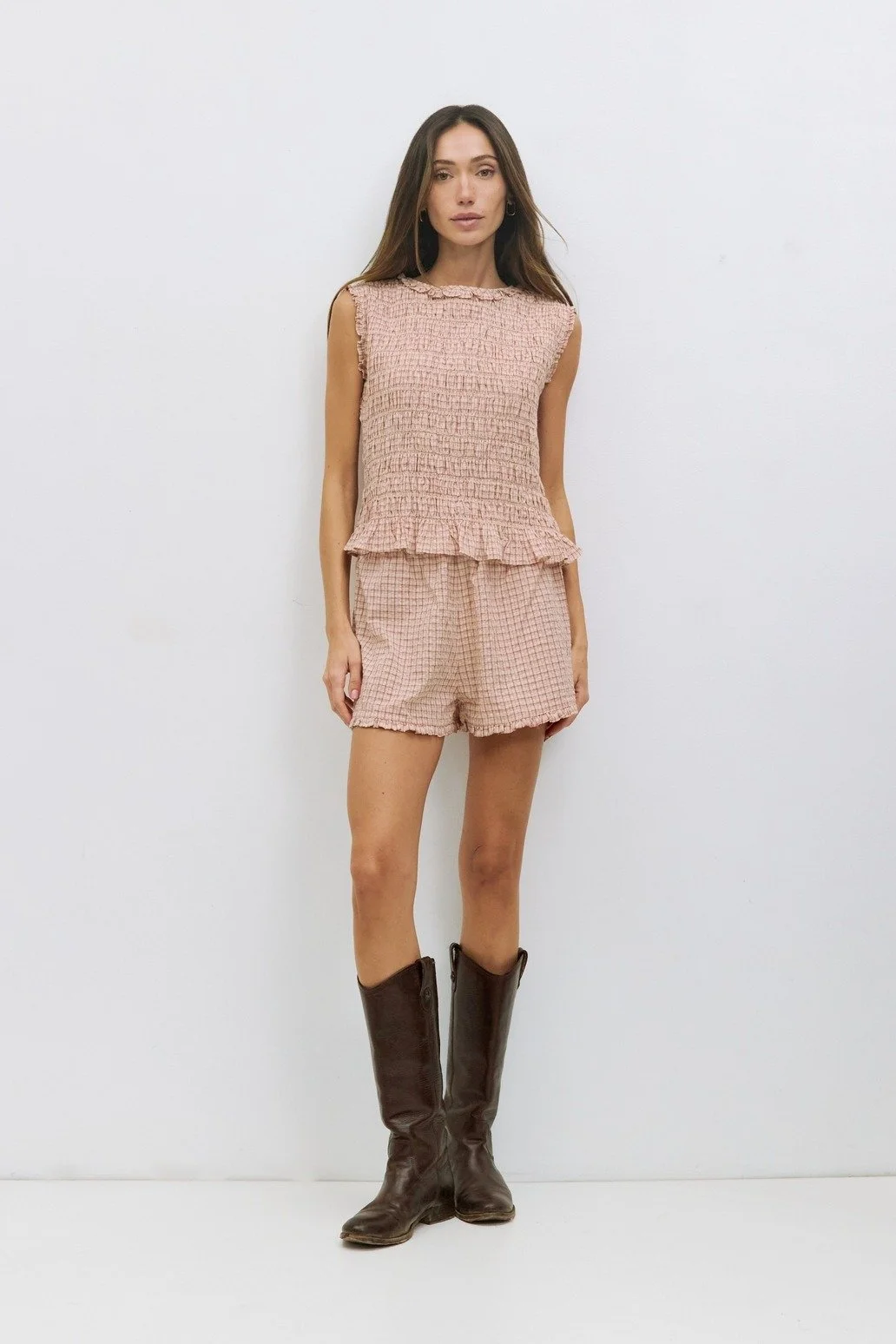 The Suri Crinkle Plaid Top Red