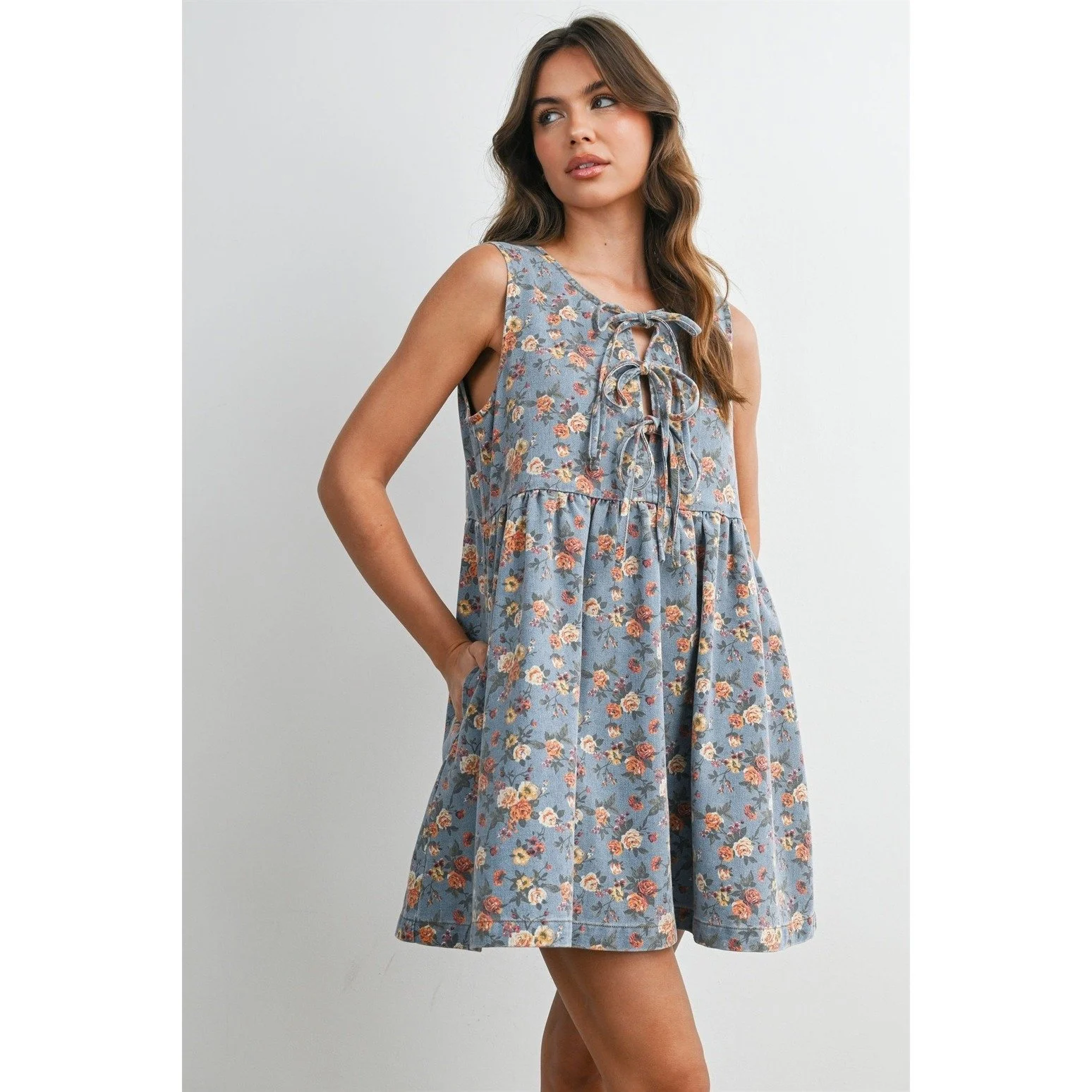 Tie-Front Babydoll Dress Denim Floral