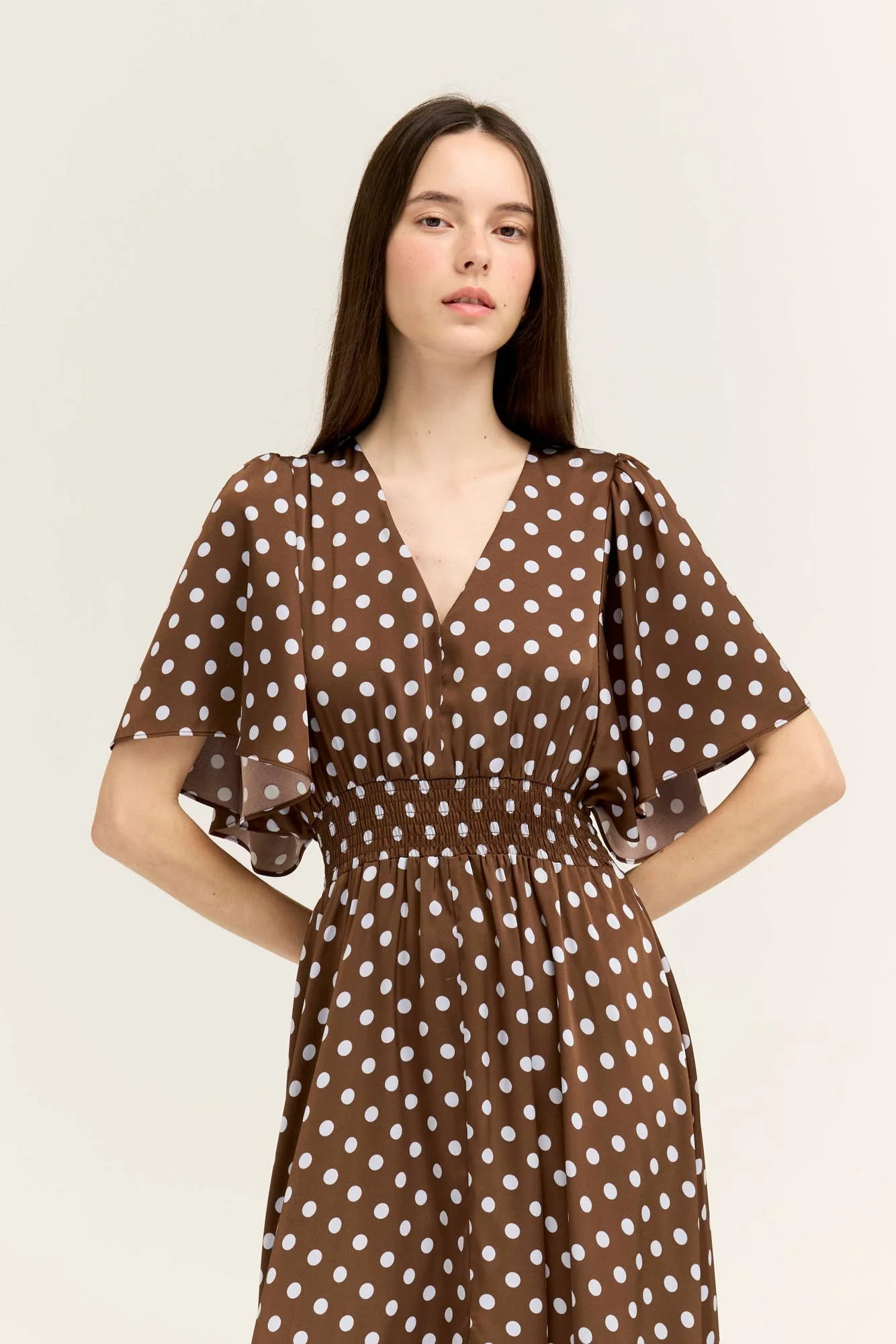 V-neck Handkerchief Hem Satin Gown Chocolate & Blue Polka