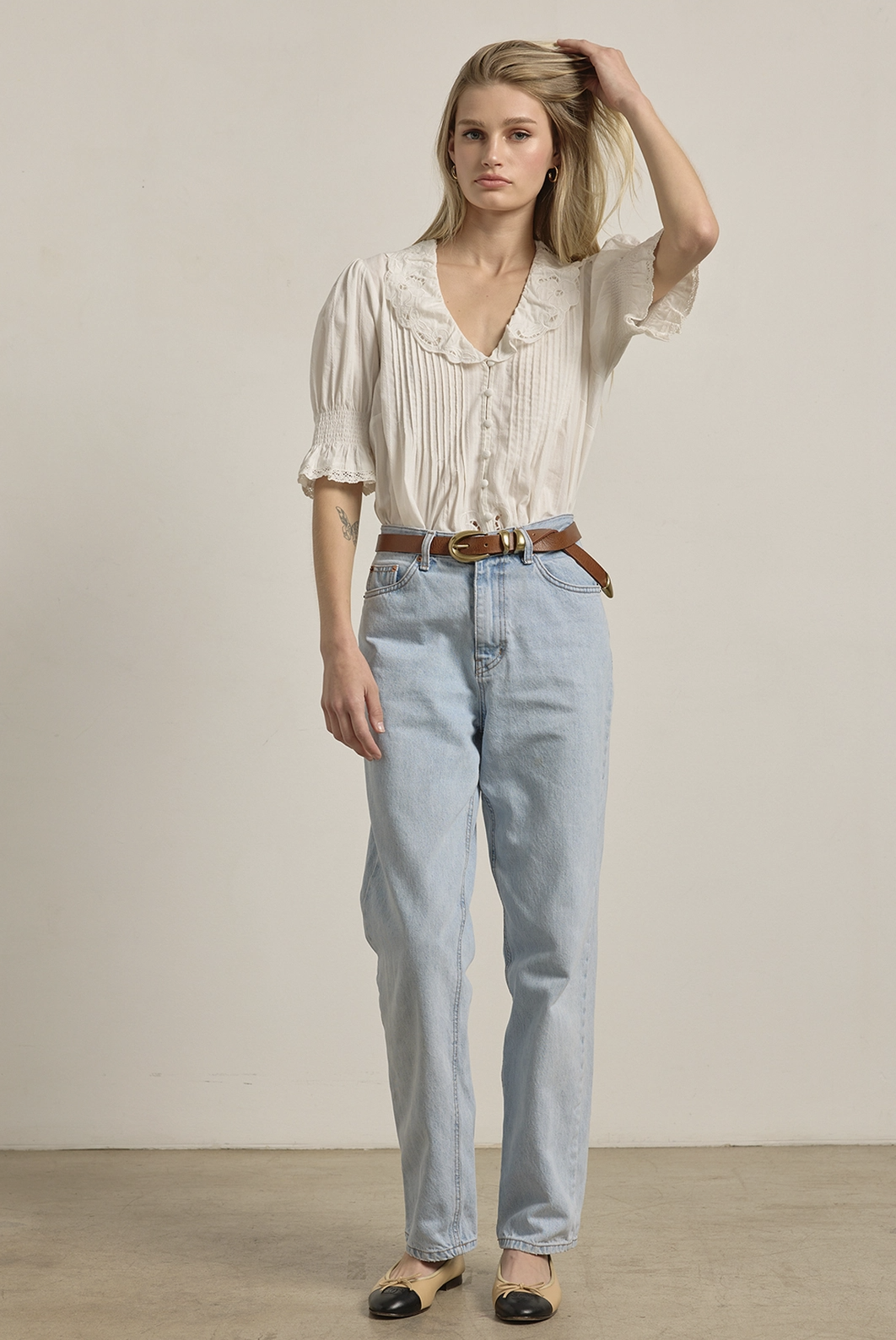 Embroidered Ruffle Collar Blouse - Ivory