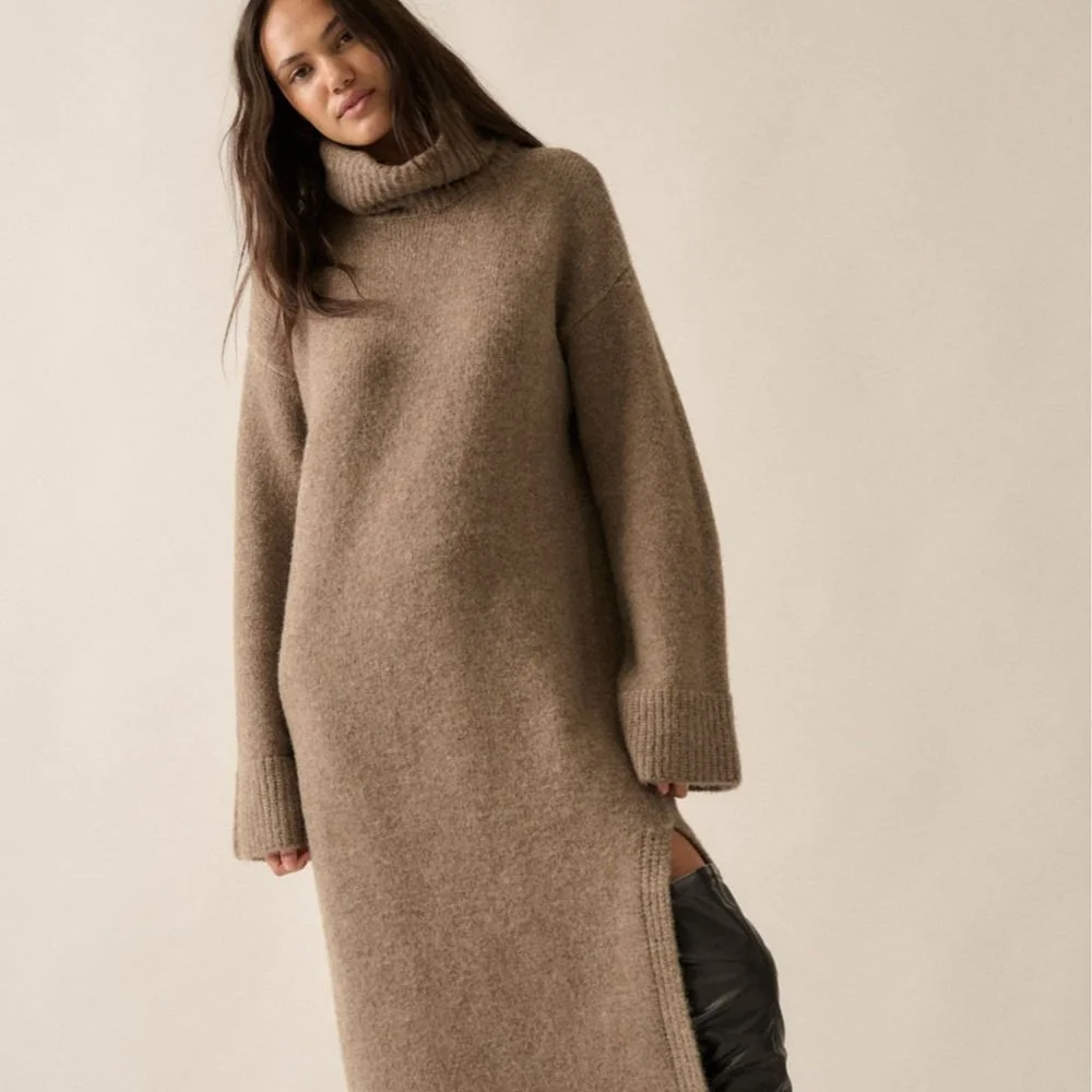 Cowl Neck Midi Sweater Dress Mocha