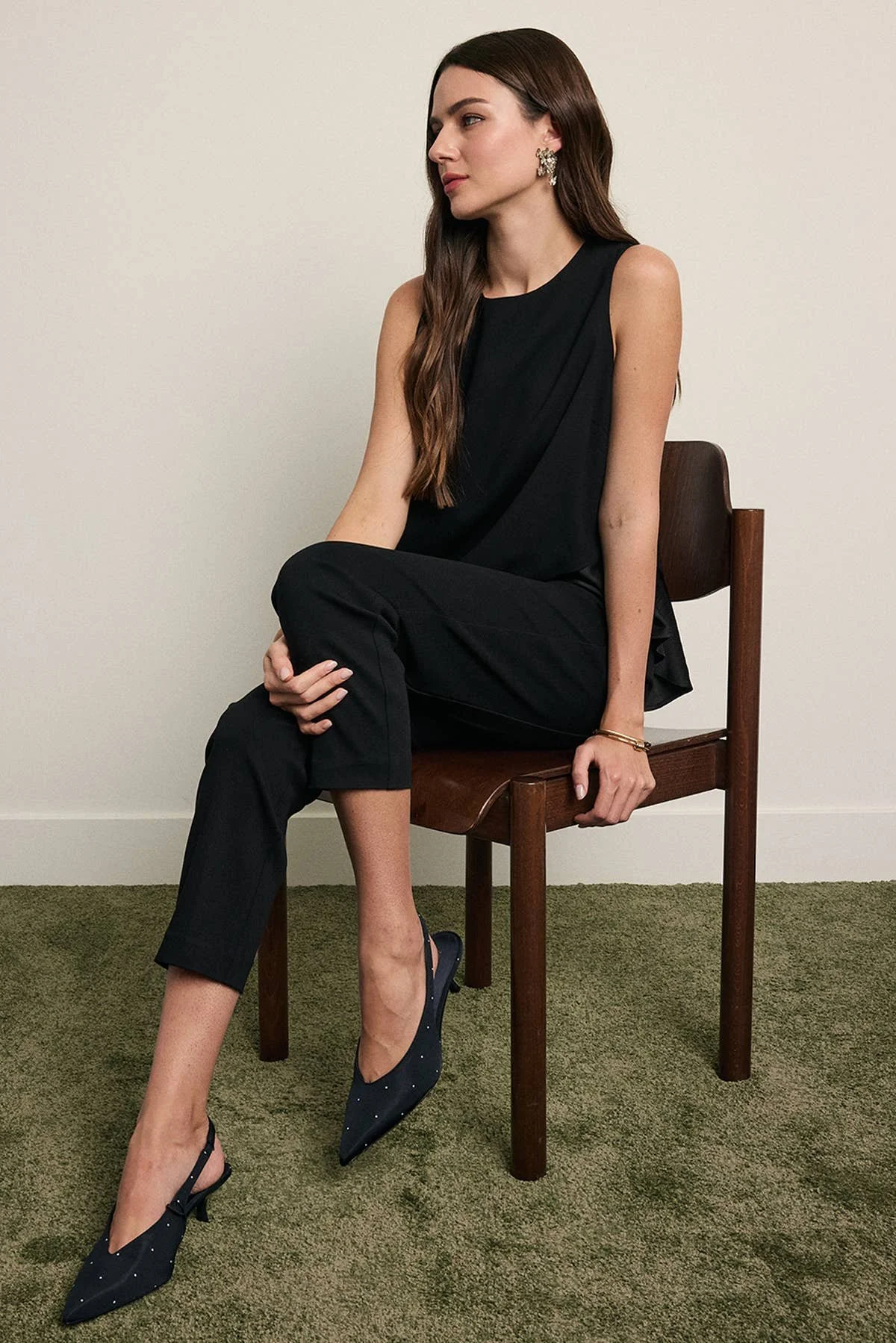 Satin Ruffle Hem Sleeveless Blouse Black