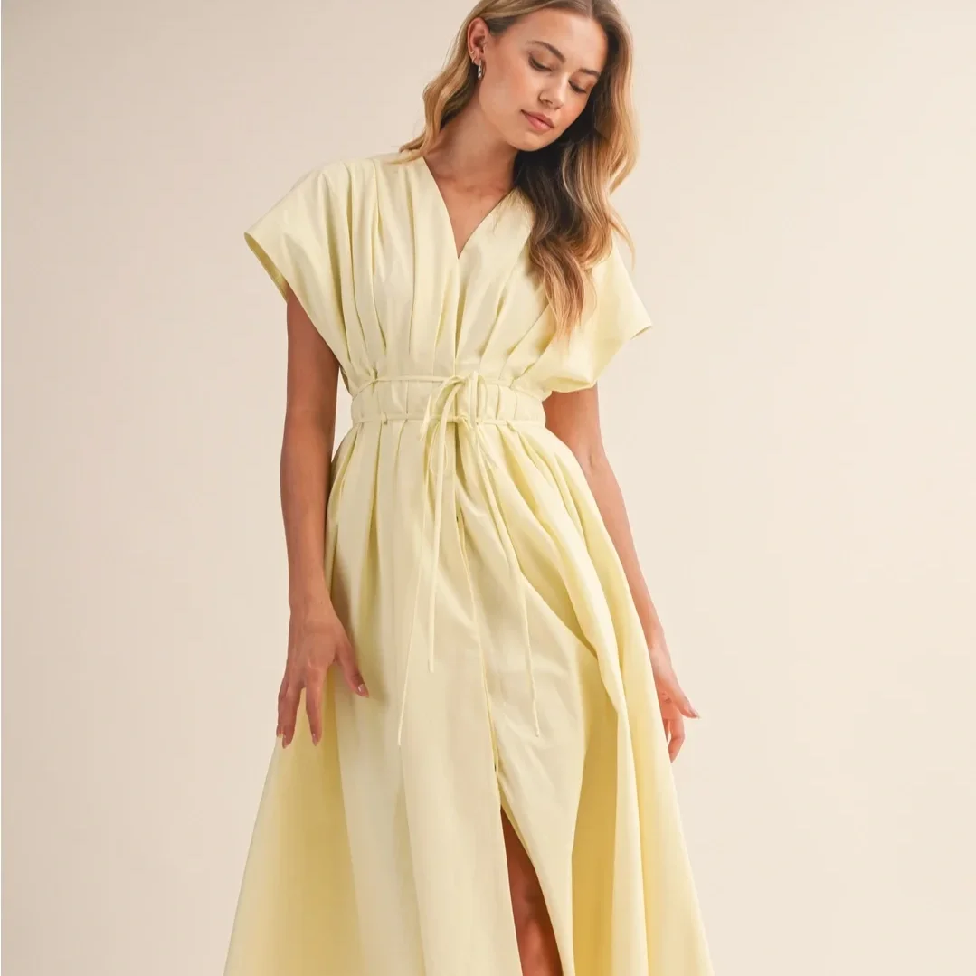 V-neck Pleated Button Down Midi Dress Butter