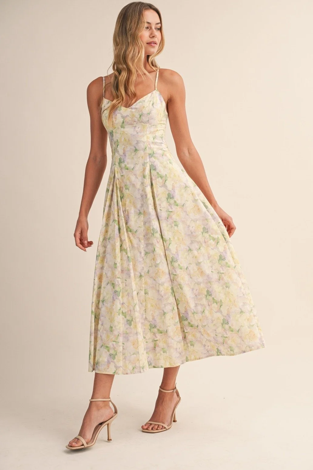 Sweetheart Pleated Midi Sundress Pastel Floral
