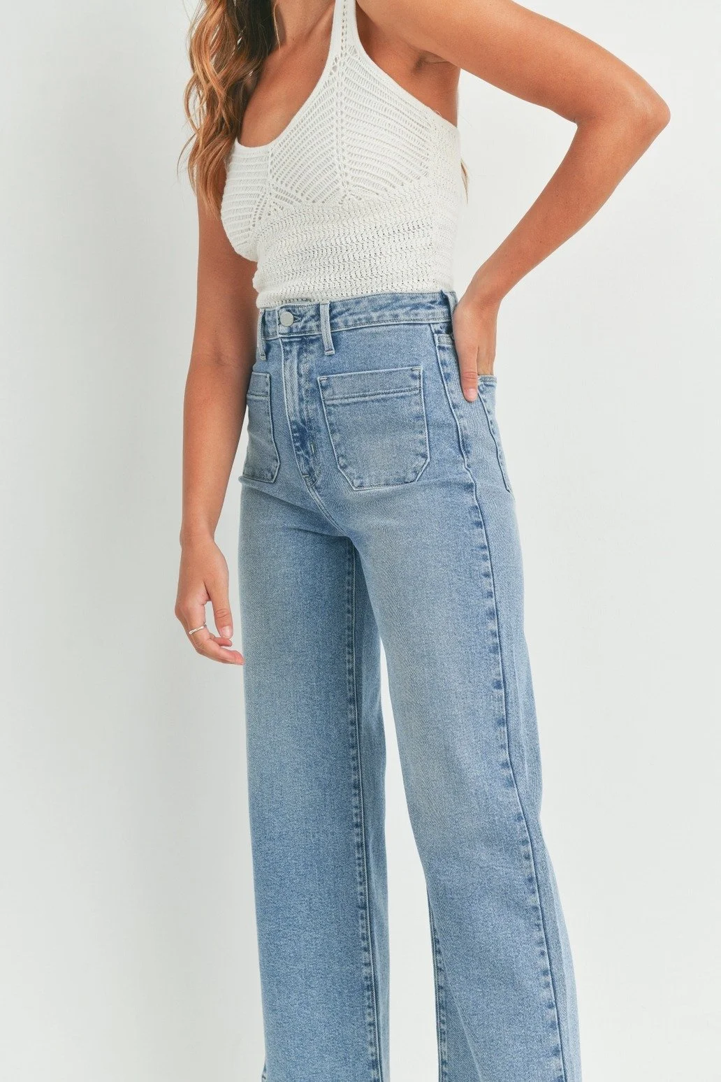 Patch Pocket Wide Leg Jeans Light Denim
