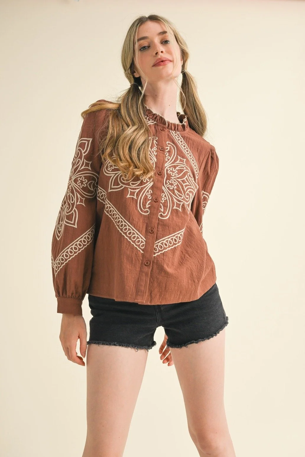 Western Embroidered Puff Sleeve Button Blouse Rust