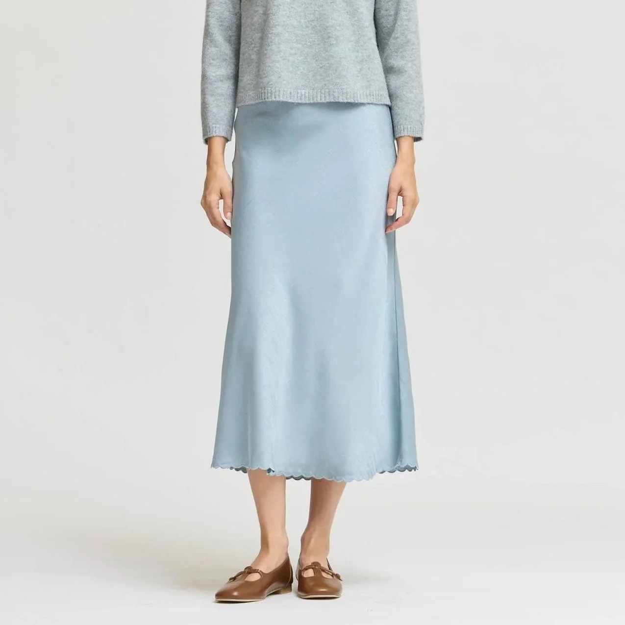 Scallop Hem Bias Slip Skirt Dusty Blue