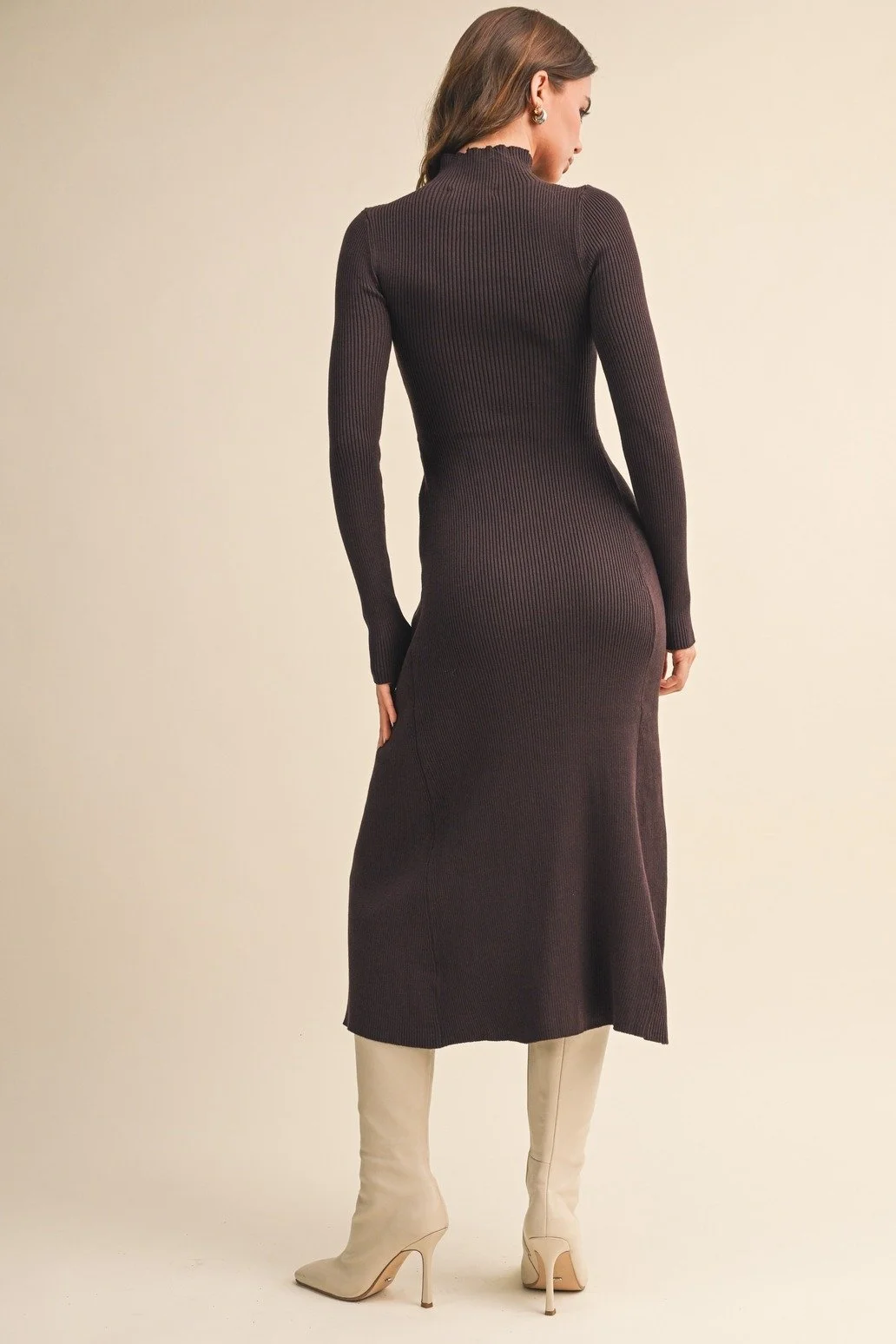 Mock Neck Ribbed Midi Dress Dark Chocolate