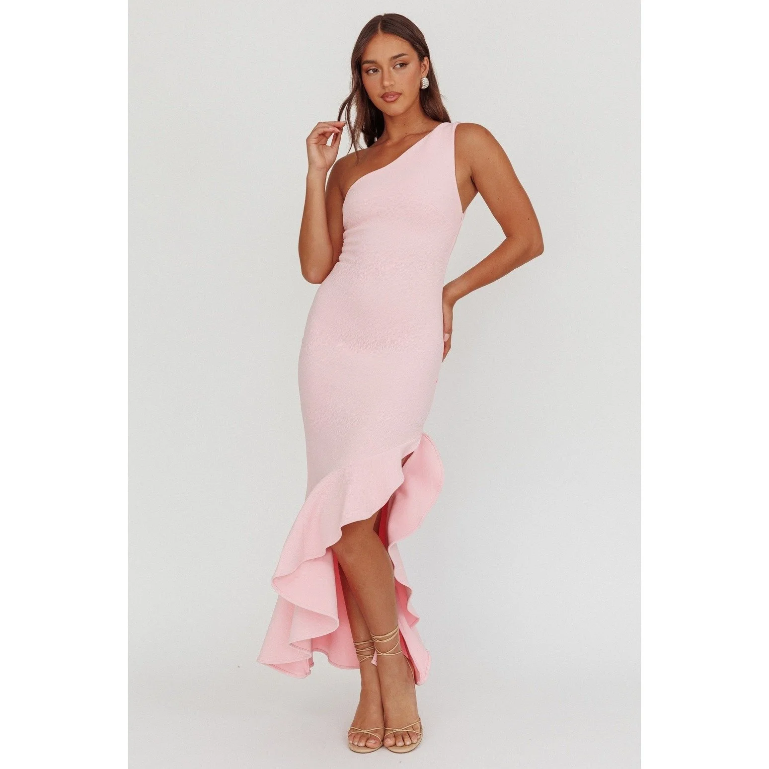 One Shoulder Asymmetric Ruffle Midi Dress Pink