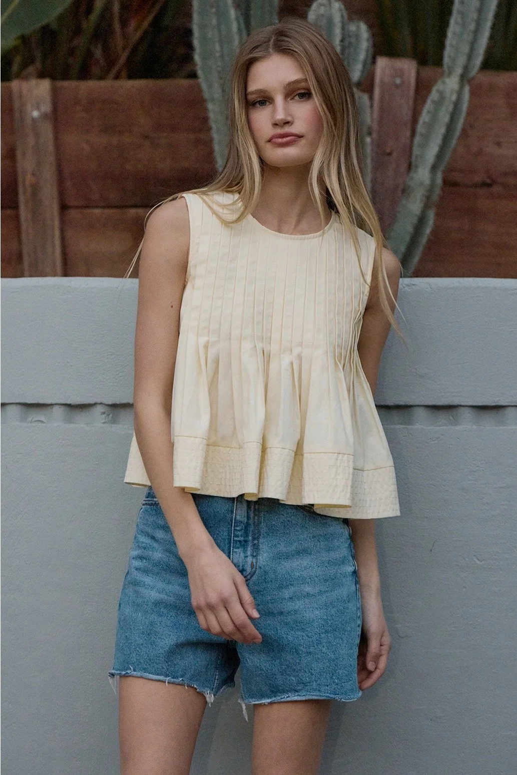 Pleated Flare Sleeveless Blouse Butter