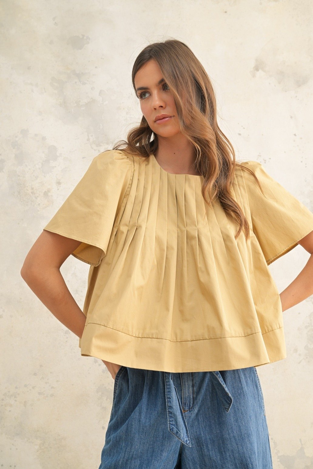 Pleated Front Short Sleeve Blouse Tan