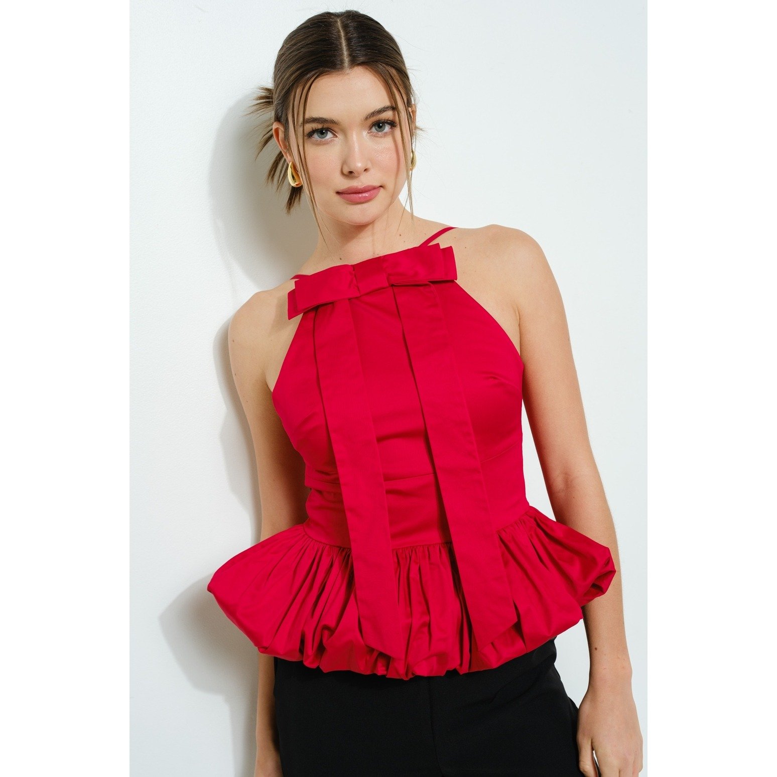 Bow Front Bubble Hem Top Red