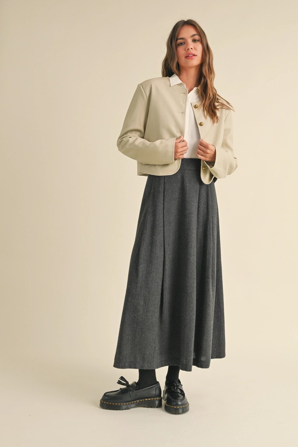 Pleated Tweed Midi Skirt Charcoal