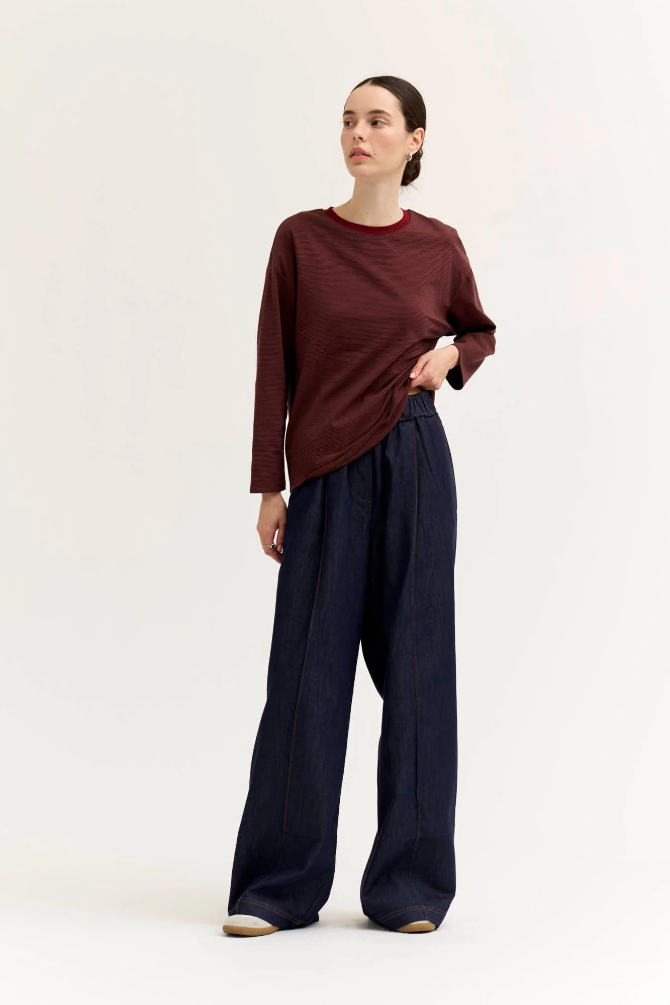 Contrast Color Ribbed Long Sleeve Tee Brick Red