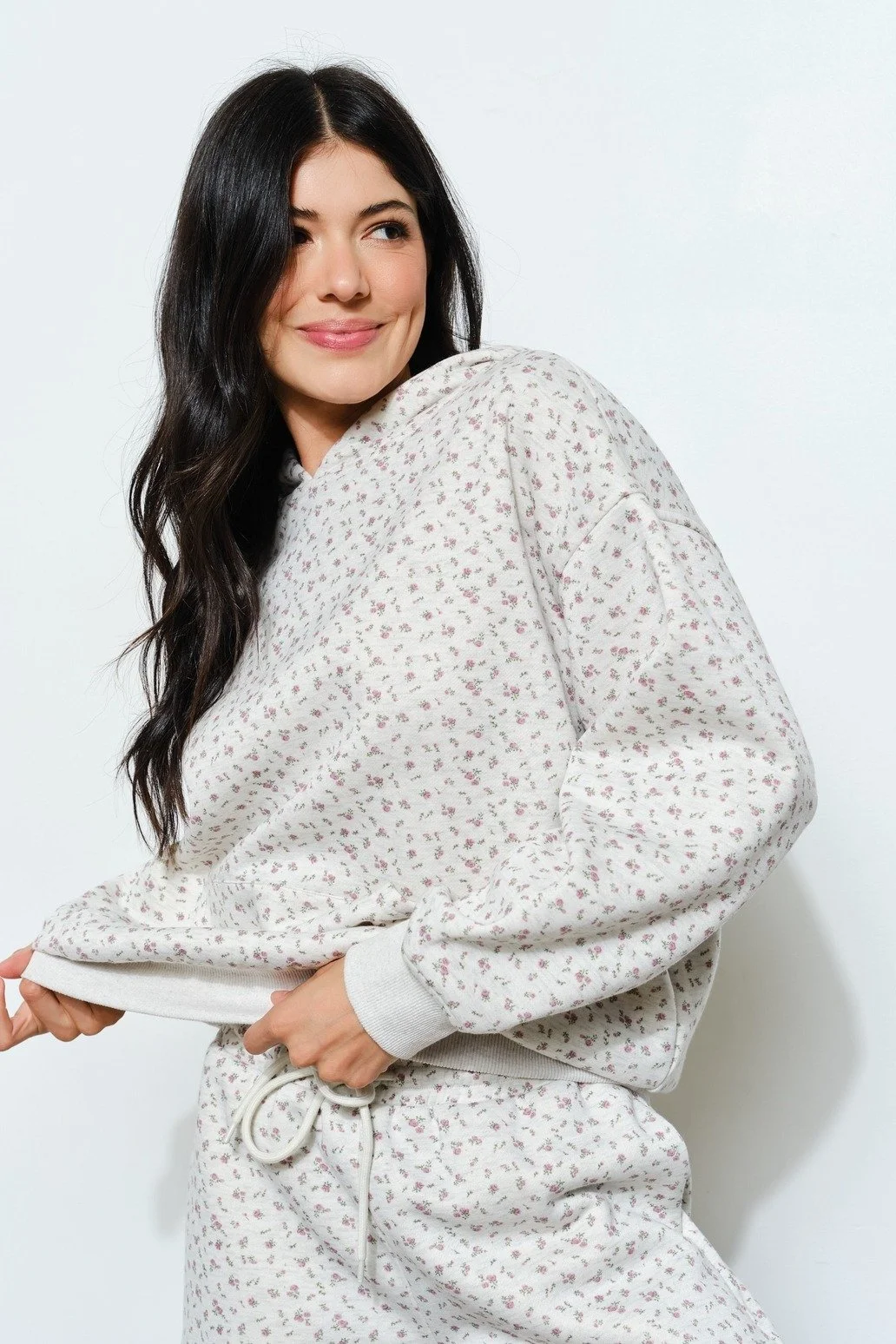 Mauve Ditsy Floral Print Hoodie Heather