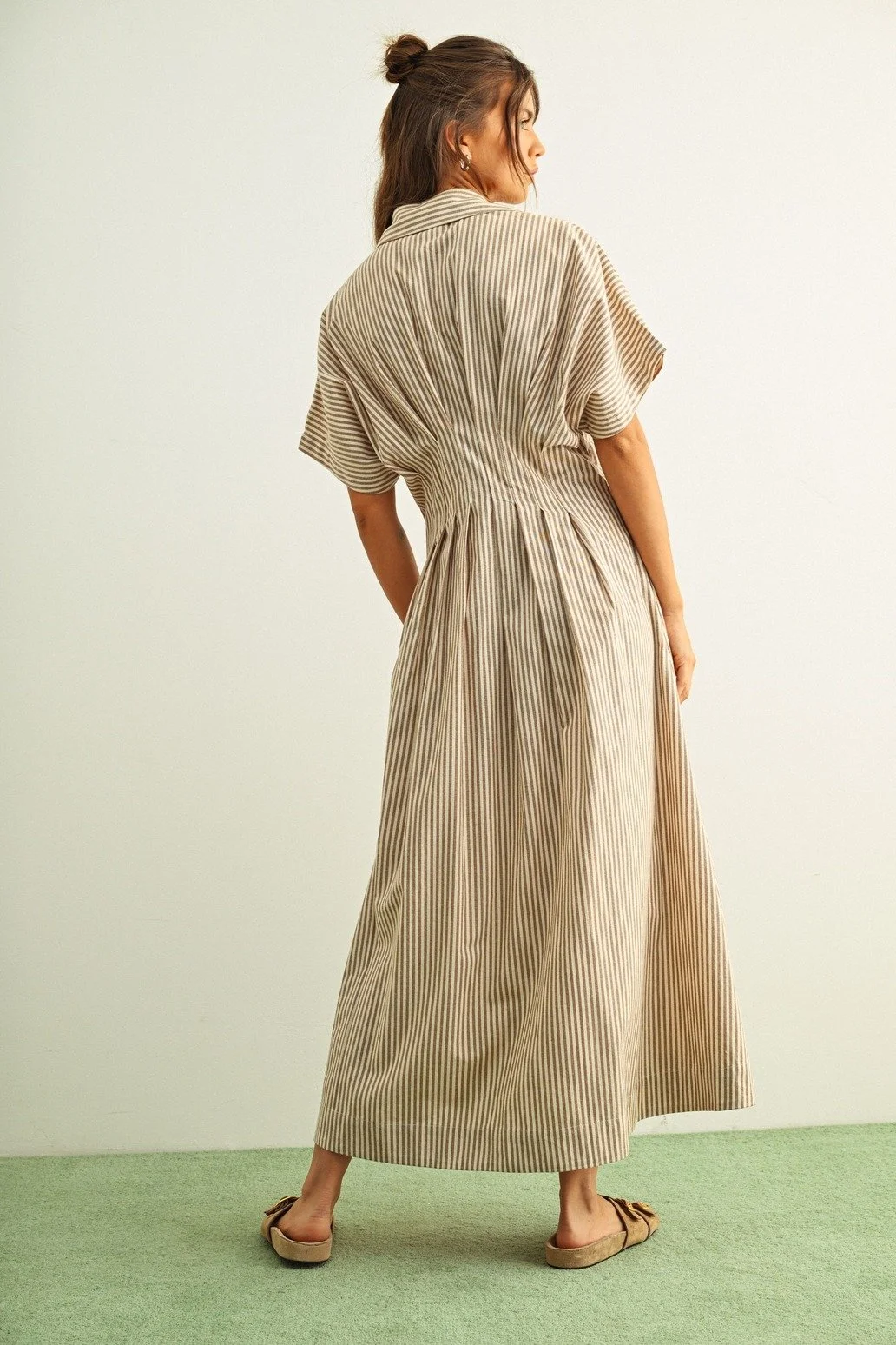 Pleated Button Down Shirt Dress Brown Stripe