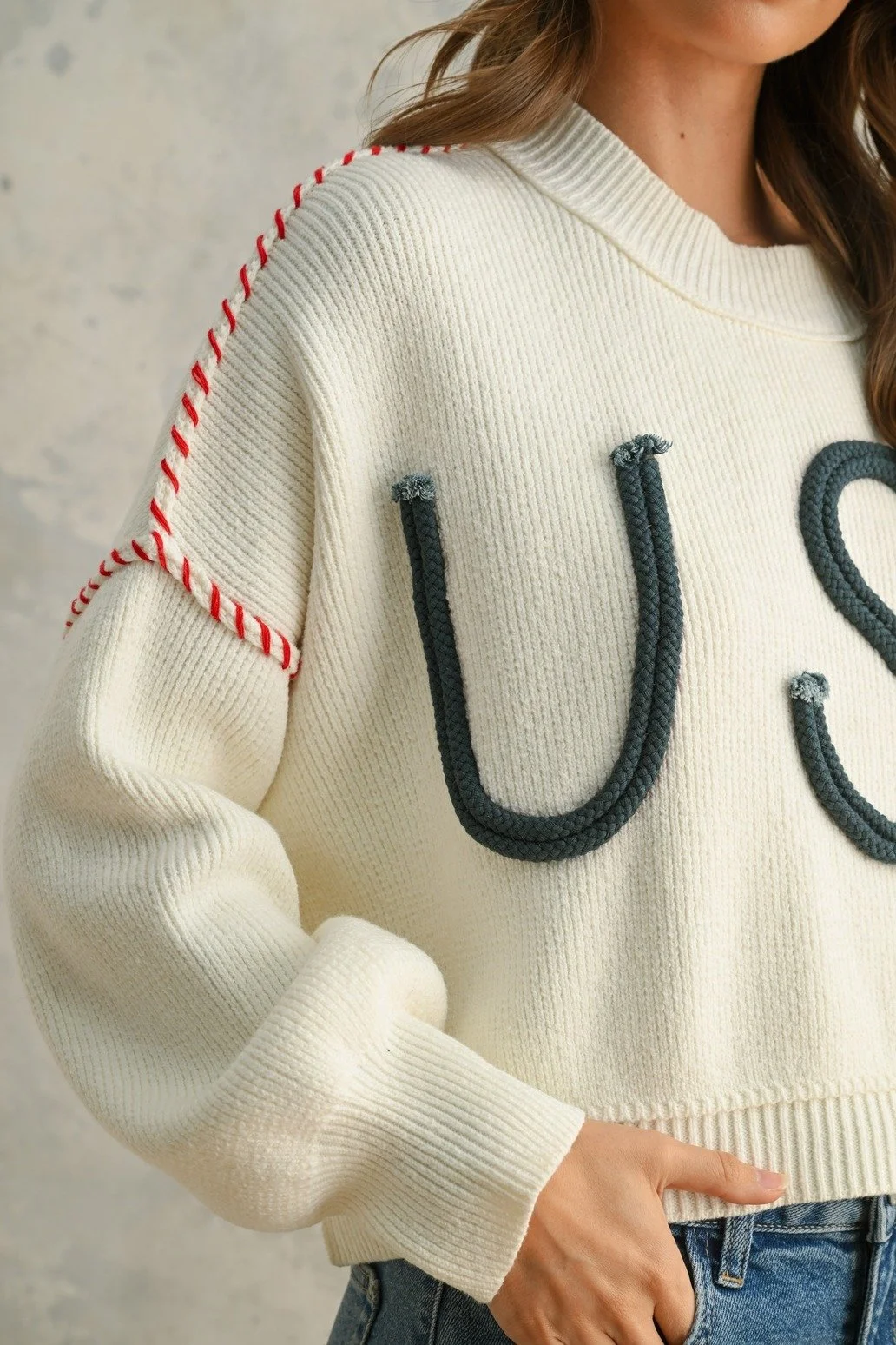 USA Rope Letter Sweater Cream