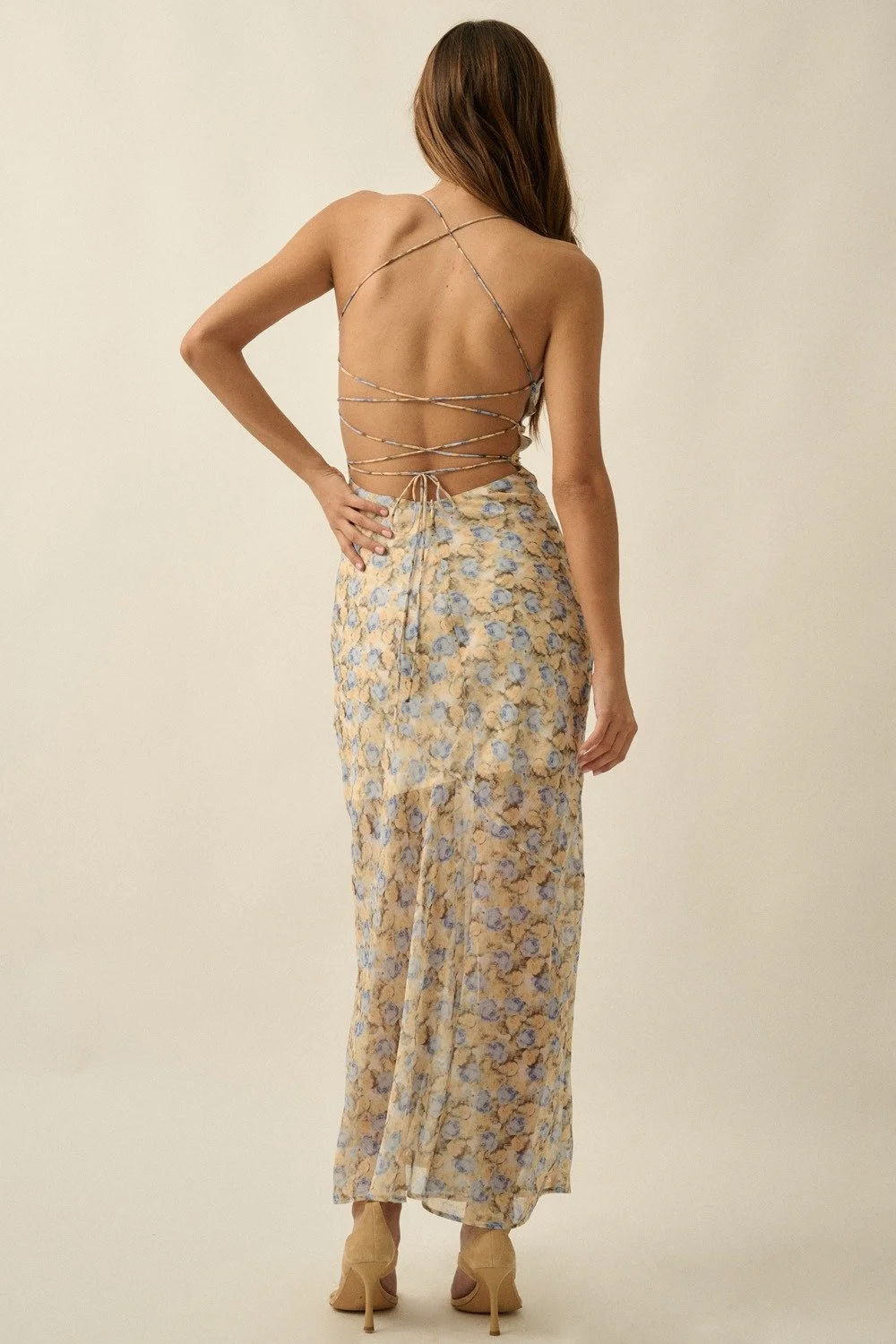 Chiffon Strappy Back Maxi Dress Butter & Baby Blue Floral