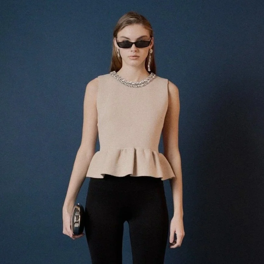 Jewel Trim Neck Peplum Knit Top Beige