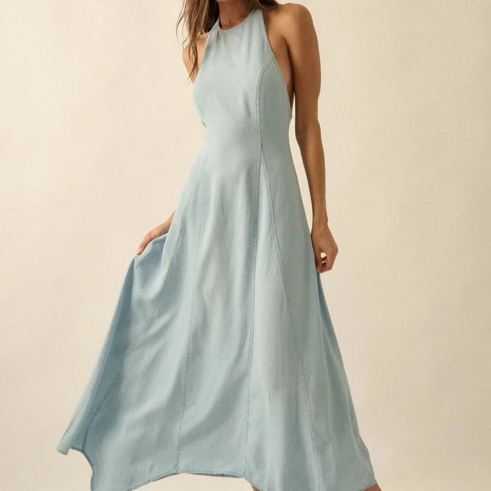 Halter Handkerchief Maxi Dress Chambray