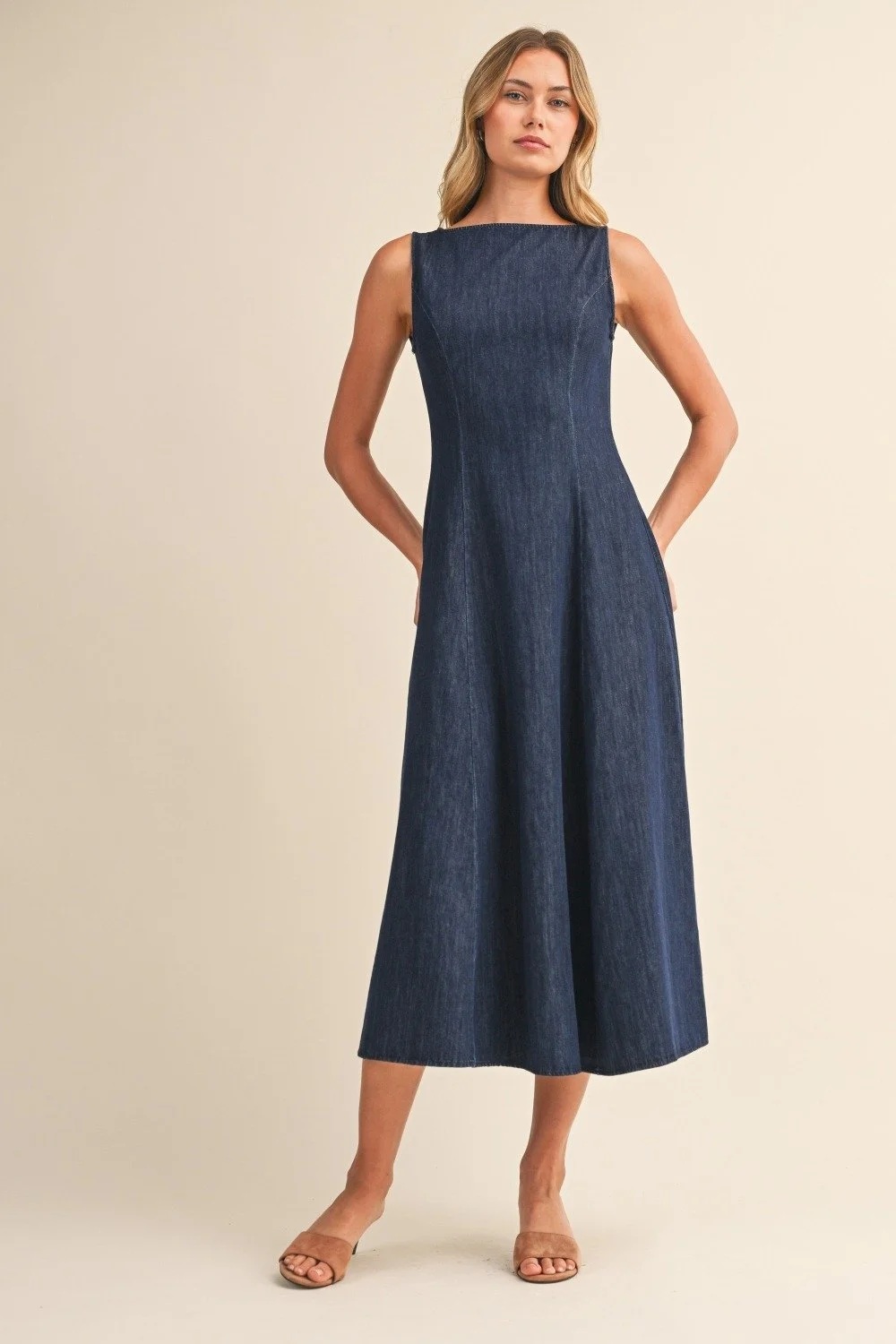Boatneck Sleeveless Midi Dress Dark Denim