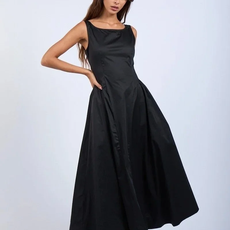 Boatneck Basque Waist Midi Dress Black