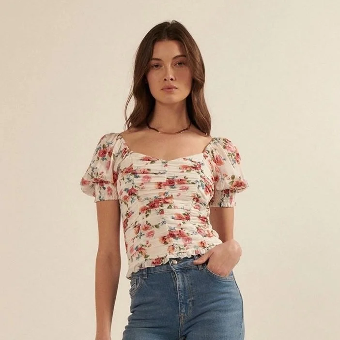 Sweetheart Ruched Blouse Cream Floral