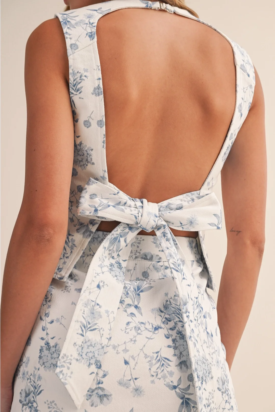 Bow Back Top & Mini Skirt SET Blue Floral Twill